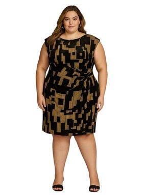 Donna Karan Metallic Geo Print Black and Gold Geometric Sheath Dress NEW